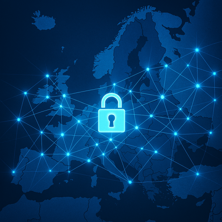 Symbolic padlock over a connected map of Europe to represent cybersecurity