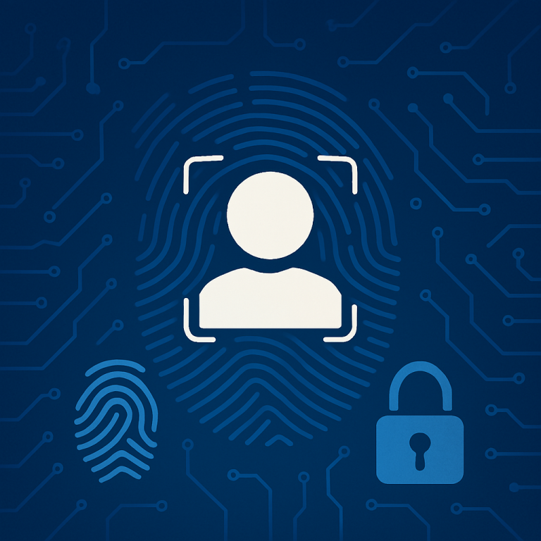 Symbol for digital identity featuring a fingerprint, person icon, and padlock on a circuit board background