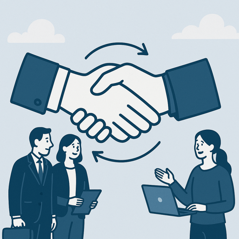 Businesspeople with a laptop and tablet under a handshake symbol, representing collaboration