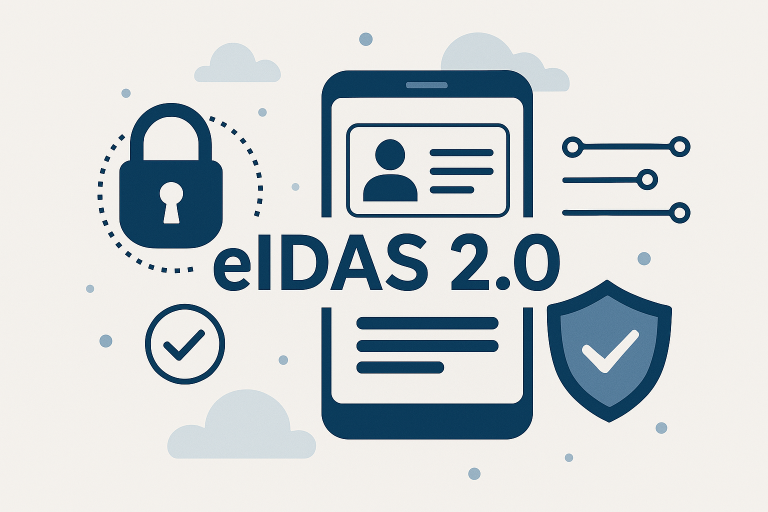 Smartphone with digital ID, surrounded by symbols for security, data protection, and connectivity; text "eIDAS 2.0" in the center.