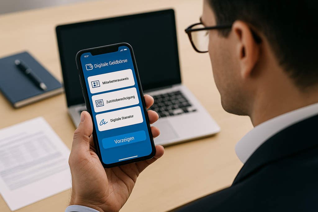 Digitale-Geldbörse, Digitale Geldbörse, Digitale Geldboerse, Mann am Handy mit verschiedenen Identmethoden