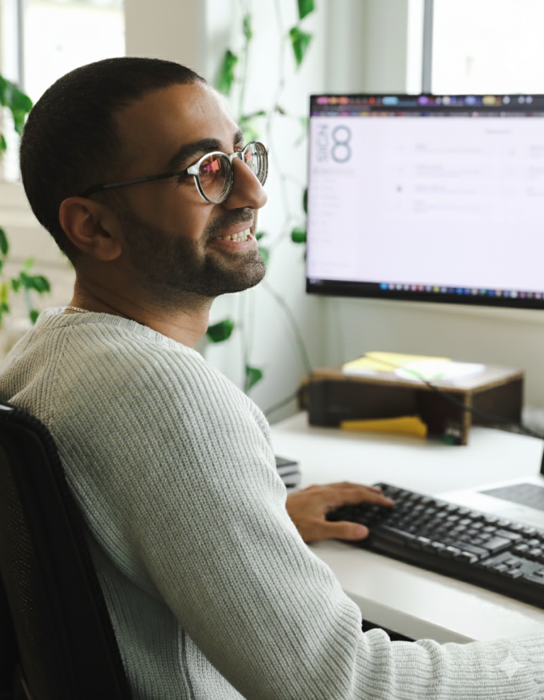 Mann sitzt vor einem PC und lacht zur Seite, er hat die signing platform von SIGN8 geöffnet, er möchte ein PDF unterschreiben