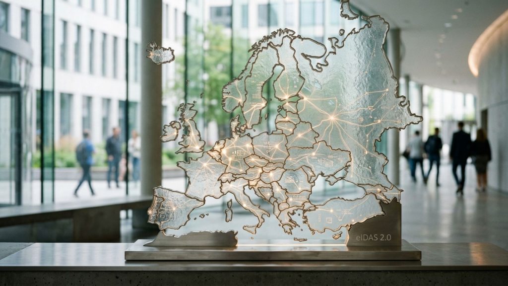 Glasfigur welche Europa Länder darstellt, unten rechts steht eIDAS 2.0 , die Figur steht in einem Bürogebäude