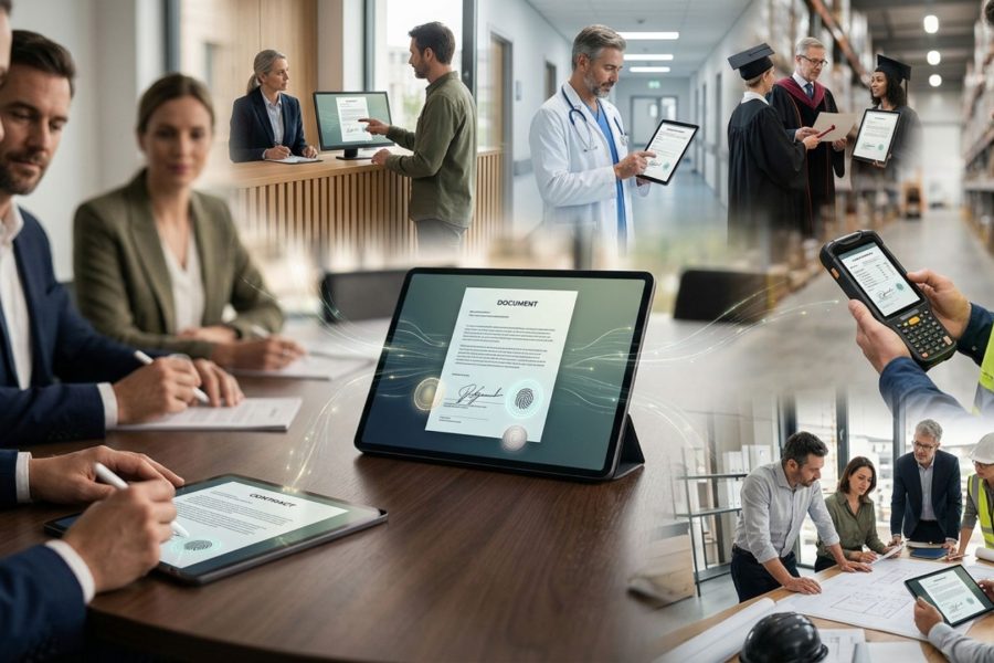 Das Bild zeigt qualifizierte elektronische Signatur Beispiel verschiedene Use Cases im Business Bereich