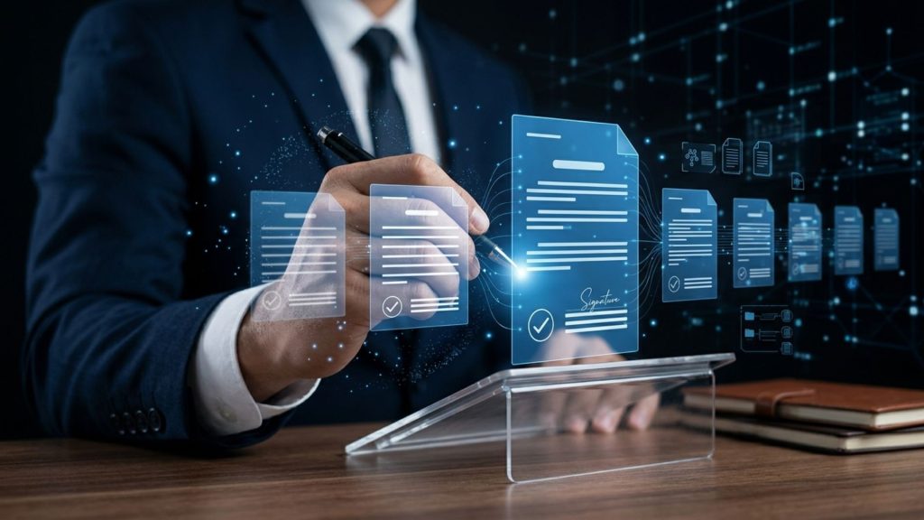 Dokumente elektronisch unterschreiben Mann mit Stift unterschreibt digital auf einem Tablet