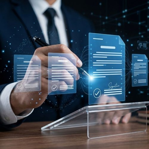 Dokumente elektronisch unterschreiben Mann mit Stift unterschreibt digital auf einem Tablet