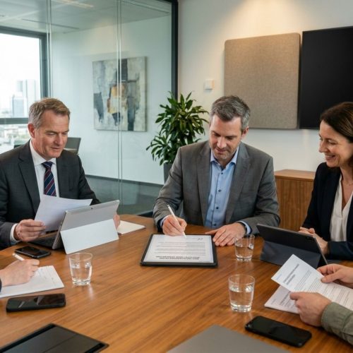 Business Menschen sitzen ein einem Büro, ein Mann unterschreibt auf einem iPad mit einer rechtsgültigen Unterschrift digital