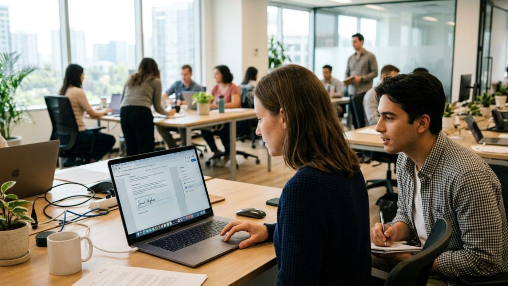 EUDI Wallet Frau und Mann sitzen vor dem PC und sehen eine digitale Unterschrift vor sich