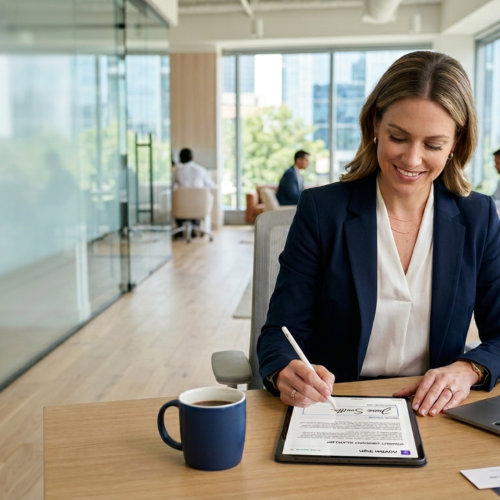 Lächelnde Frau am Schreibtisch, unterschreibt mit einem Stift auf einem iPad nachdem sie einen anbieter qualifizierte elektronische signaturen gefunden hat