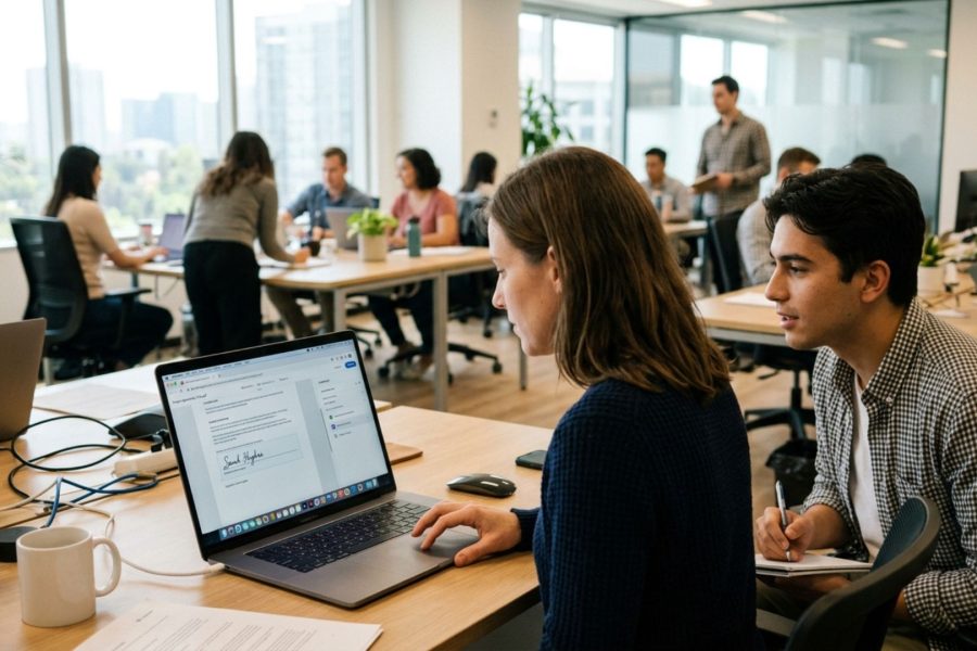 EUDI Wallet Frau und Mann sitzen vor dem PC und sehen eine digitale Unterschrift vor sich