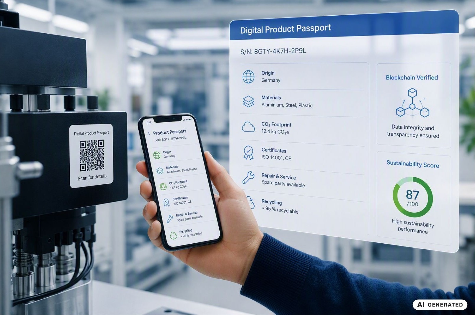 Digitaler Produktpass wird gezeigt, Smartphone scannt einen QR-Code und erhält Produktinformationen